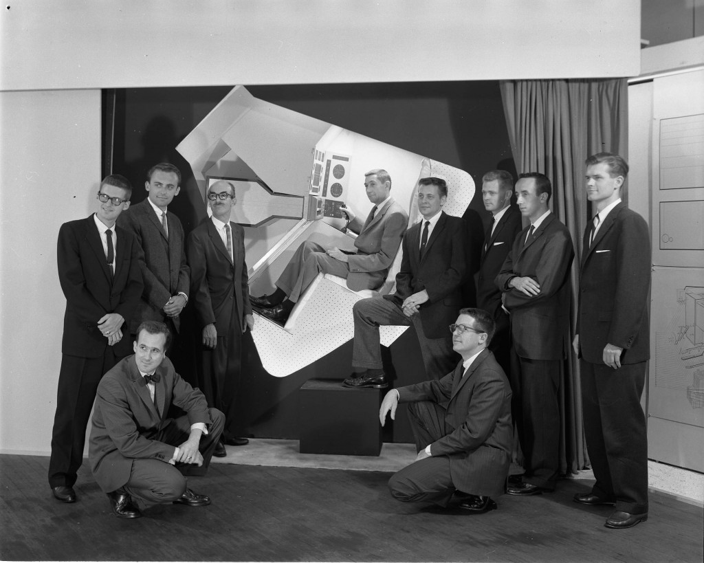 General Electric Space Capsule project, 1960.  George Beck sitting in the capsule. (2004.22.2215.V). Photography by Geoffrey Fulton. Art Center College of Design.