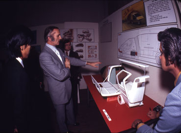 GM Irvine Project, 1971.  Charles Jordan is discussing the Asobi project with Itaru Sugino and Hugh Jorgensen.  Art Center College of Design.  