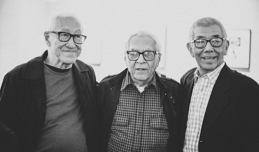 Three Advertising alumni together at Danziger @ 90: Lou Danziger (center) with former Art Center instructor Roland Young (left) and former Advertising Department Chair Mikio Osaki (right).
