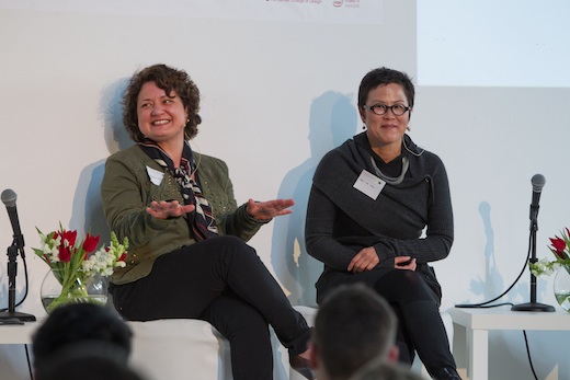 XS Labs founder Joanna Berzowska (L) and Doris Kim Sung of DOSU Studio Architecture field questions from the audience at the Connected Bodies symposium