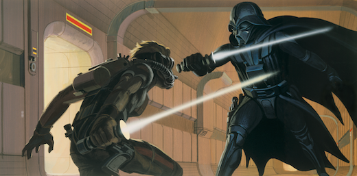 Early Star Wars concept art by McQuarrie show a lightsaber duel with Darth Vader (DIsney/Lucasfilm)