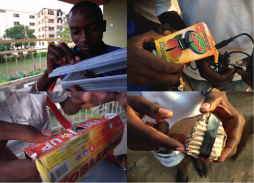 Upcycling Perishables: Bashir, Pius, and Venas venture out into their community to find materials to encase their weDub circuit. Photo credit: Tina L. Zeng / 2014.
