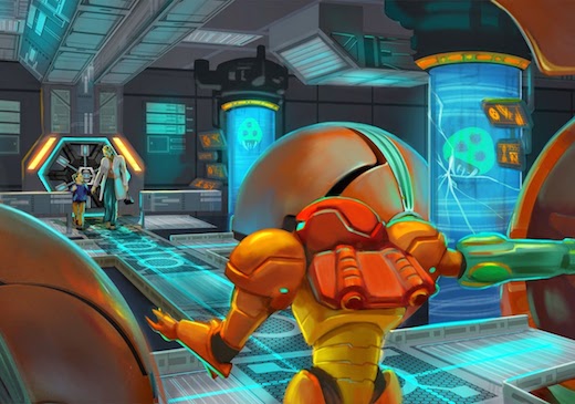 Work by Olmeda imagines a Metroid Experience at a Nintendo-themed amuseument park.