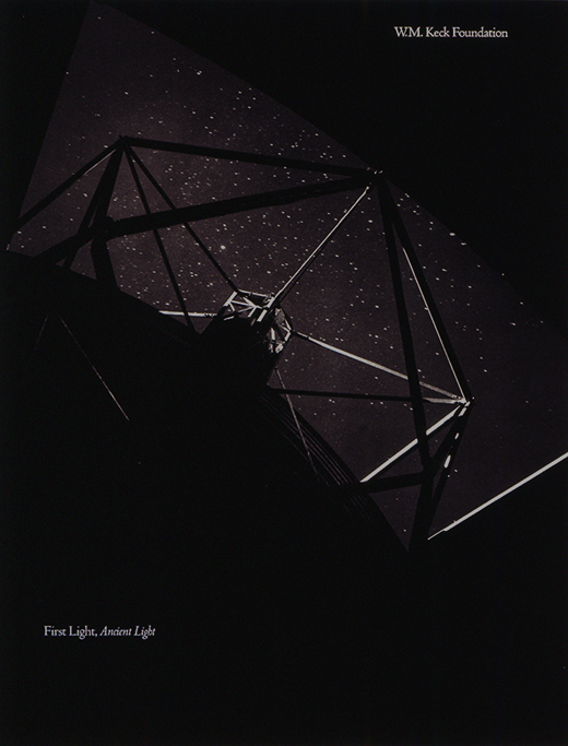 Doug Oliver worked with photographer Bill Varie to create this stunning 1984 annual report for the W.M. Keck Foundation. During the shoot at the Keck Observatory on Mauna Kea in Hawai'i, Oliver and Varie were disappointed at the lack of stars in the night sky. They later learned that the low oxygen levels made the stars impossible for them to see with their eyes. Image courtesy of Kyle Oliver.